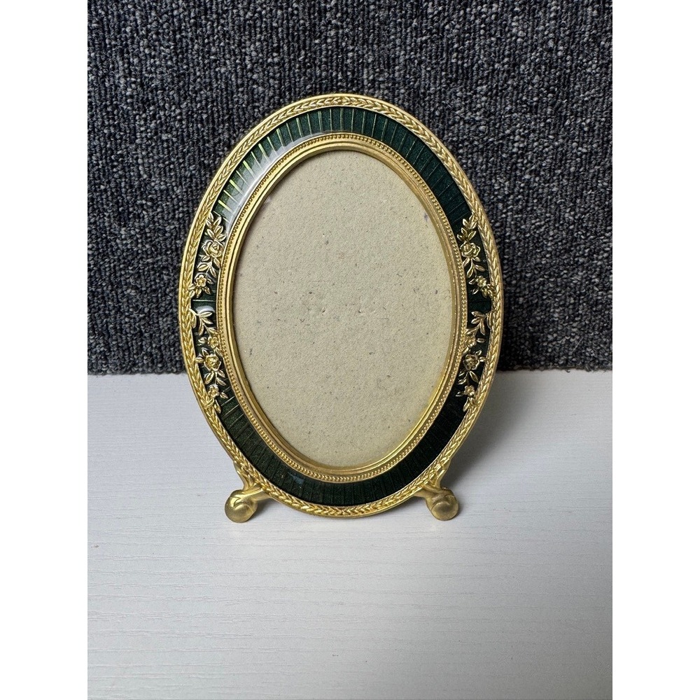 HB Group Vintage 1997 Oval Picture Frame Gold Green Enamel Floral 4x6 Excellent